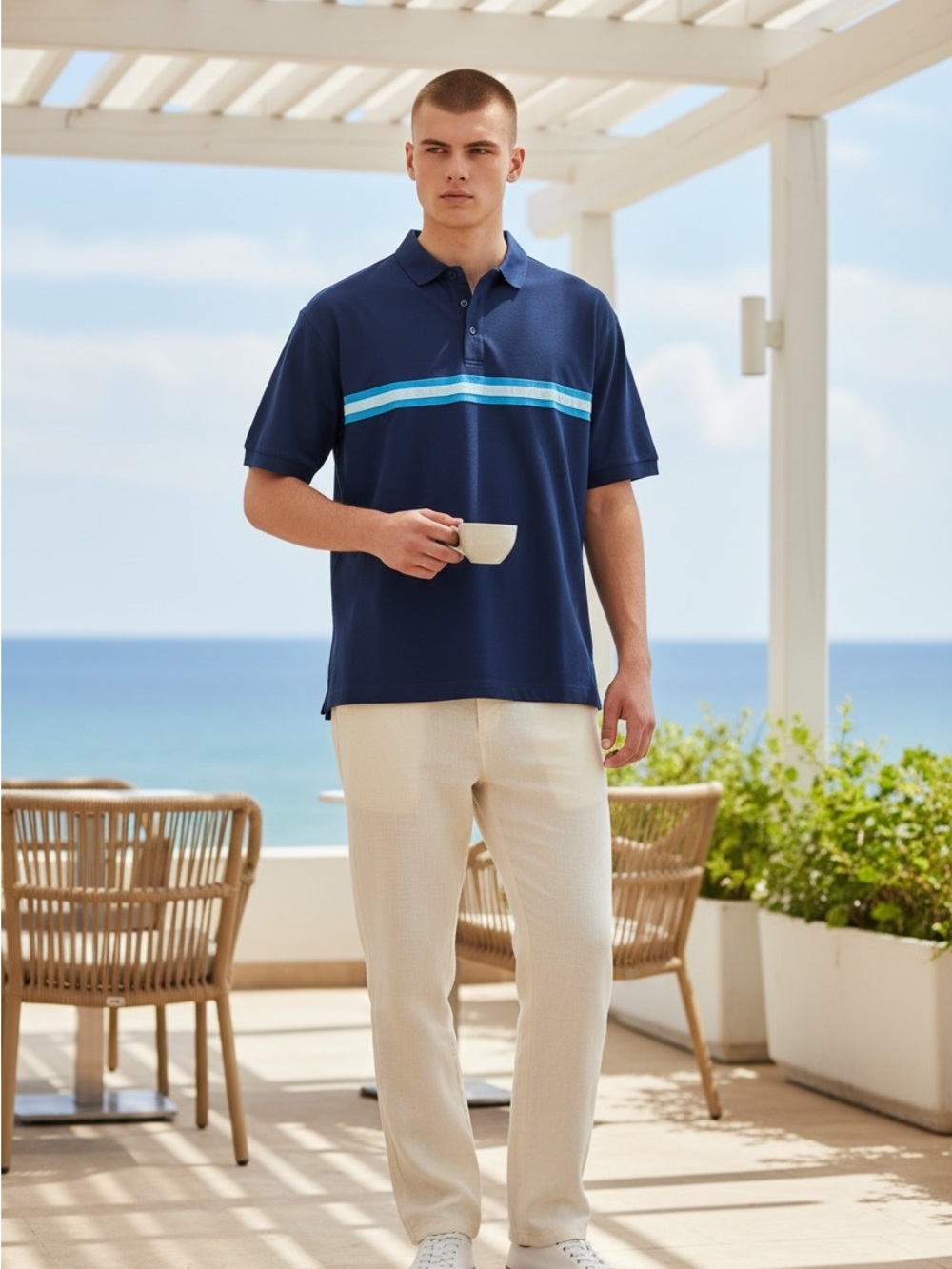 Devereux Men's Navy Polo with Sky Blue and White Chest Stripe